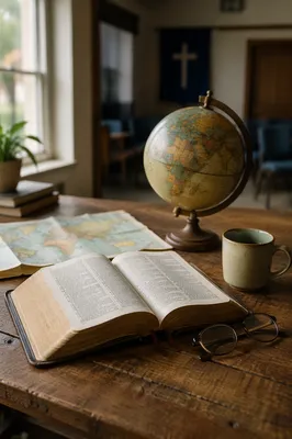 Open Bible and Globe on Wooden Table