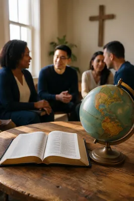 Open Bible Beside Vintage Classroom Globe