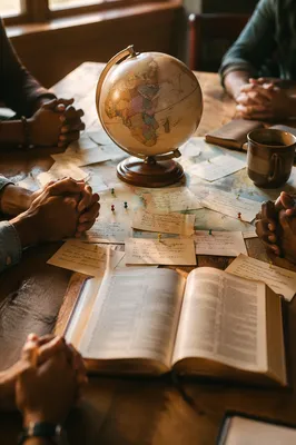 International Missions Prayer Table with Globe and Bible