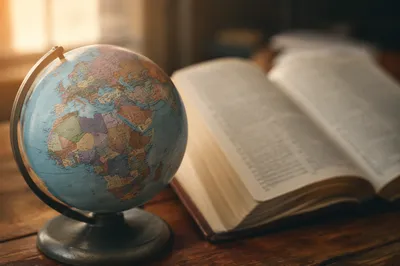 International Missions Globe Beside Open Bible