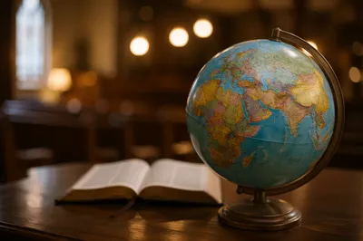 Global Missions Globe Beside Open Bible