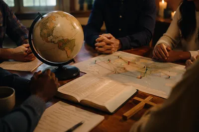 International Missions Prayer Table With Globe and Bible