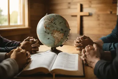 Global Missions Prayer Table with Open Bible