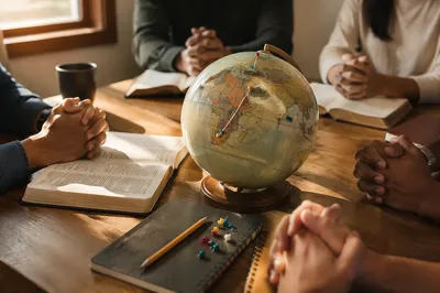 International Missions Prayer Table with Globe and Bible
