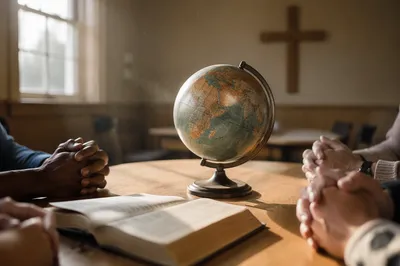 Global Missions Prayer Around Bible and Globe