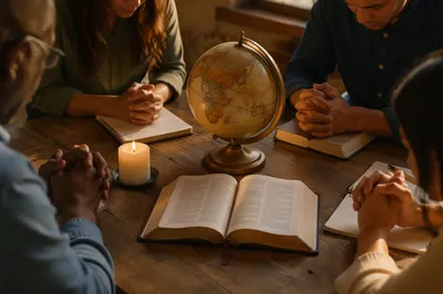 Prayer Circle Around Bible and Mission Globe