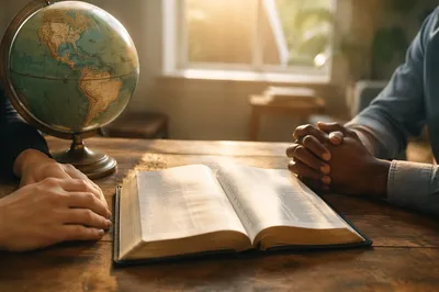 Open Bible and Globe on Wooden Table