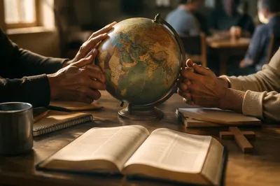 Praying Hands Over Globe and Open Bible