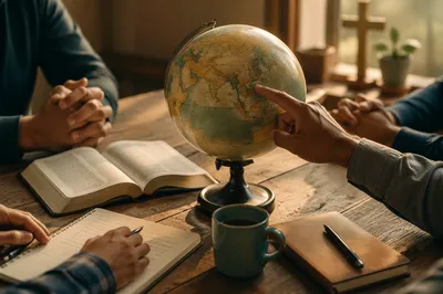 International Missions Prayer Table with Globe and Bible