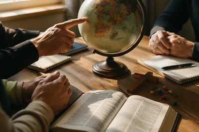 Church Missions Table with Globe and Bible