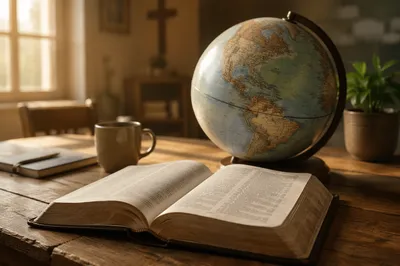 Open Bible and Globe on Wooden Table