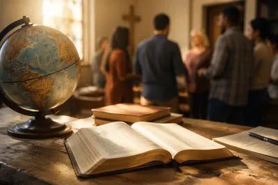 Open Bible and Globe on Table