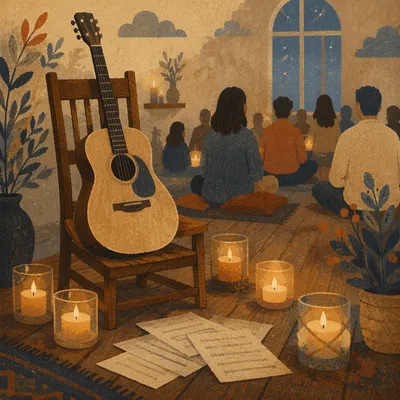 Intimate Candlelit Worship Room with Acoustic Guitar