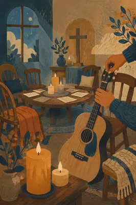 Intimate Worship Room with Candles and Guitar