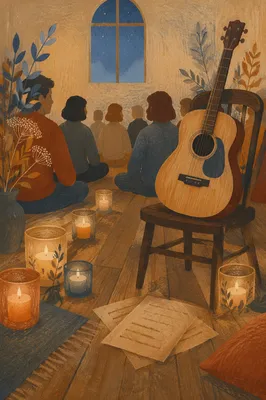 Intimate Worship Room with Candles and Guitar