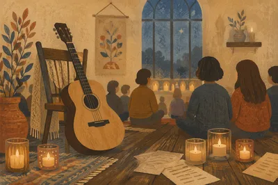 Intimate Candlelit Worship Room with Acoustic Guitar