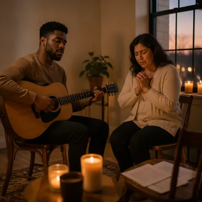 Intimate Worship Room with Candles and Guitar
