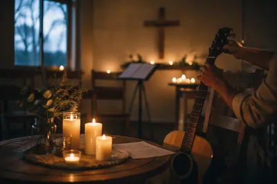 Intimate Worship Room with Candles and Guitar
