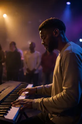 Keyboard Player on Softly Lit Stage