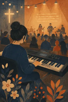 Keyboard Player at Evening Worship Service