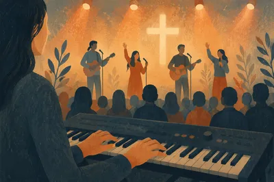 Keyboard Player During Contemporary Worship Service