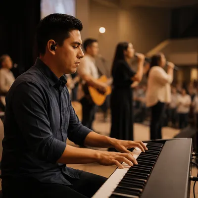 Keyboard Player Leading Worship During Church Service