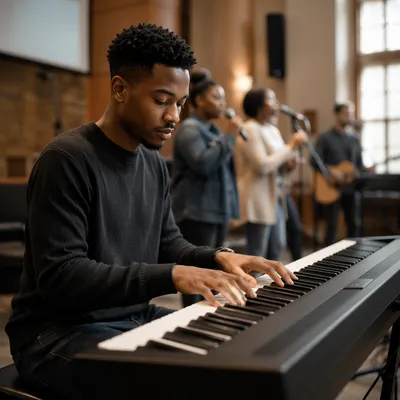 Focused Keyboard Player in Church Sanctuary