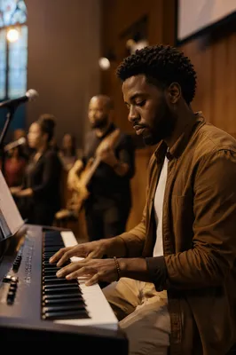 Focused Keyboard Player on Church Stage