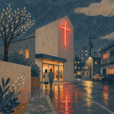 Peaceful Korean Church Neon Cross Night