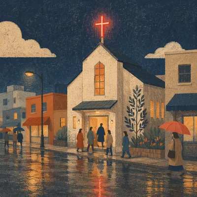 Korean Church Cross Glowing at Night