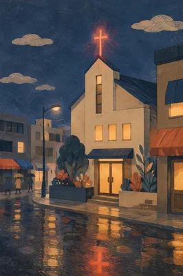 Korean Urban Church Cross at Night