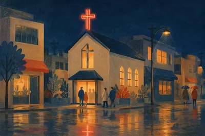 Korean Church Cross Glowing at Night