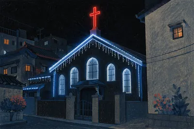 Neon Cross on Korean Church at Night