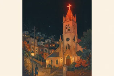 Neon Cross Church on Korean Hillside