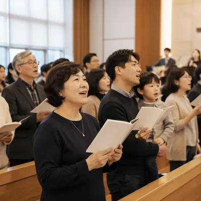 Korean Congregation Singing in Church Sanctuary
