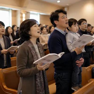 Korean Congregation Singing in Church Hall