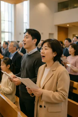 Korean Congregation Singing in Bright Sanctuary