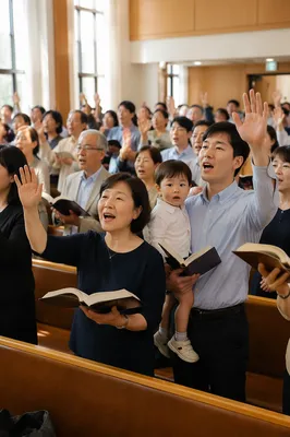 Korean Congregation Singing in Bright Church