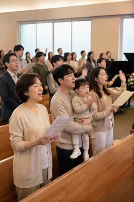 Korean Congregation Singing in Church Sanctuary