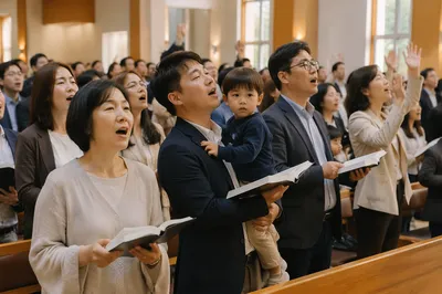 Korean Church Congregation Singing in Sanctuary