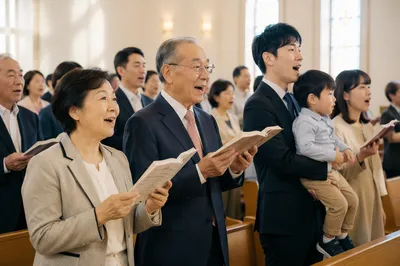 Korean Congregation Singing in Modern Sanctuary