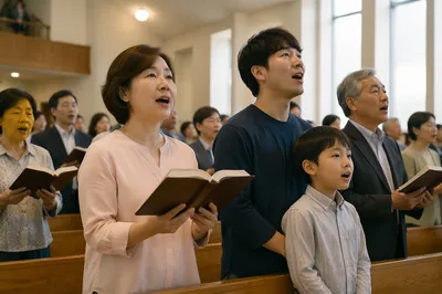 Korean Congregation Singing in Bright Sanctuary