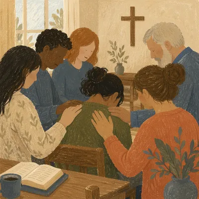 Laying Hands Prayer in Church Fellowship Room