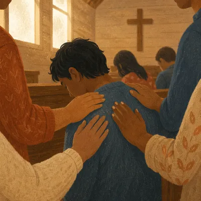 Laying Hands Prayer in Wooden Chapel