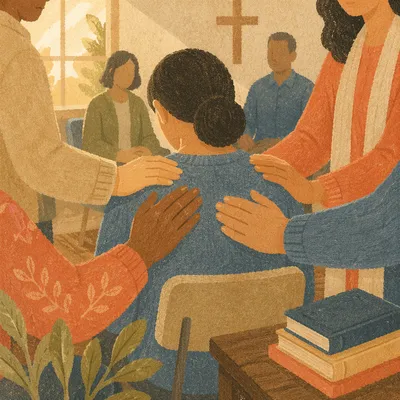 Laying Hands Prayer in Church Fellowship Room