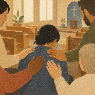 Laying Hands Prayer in Warm Church Sanctuary