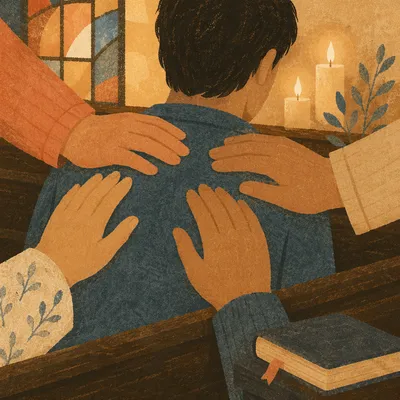 Laying Hands Prayer in Warm Church Light