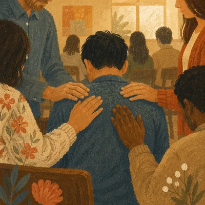 Laying Hands Prayer in Warm Church Room