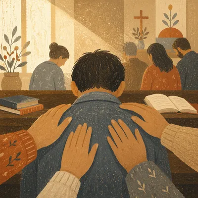 Laying Hands Prayer in Wooden Chapel