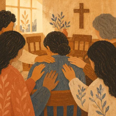Laying Hands Prayer in Church Fellowship Room